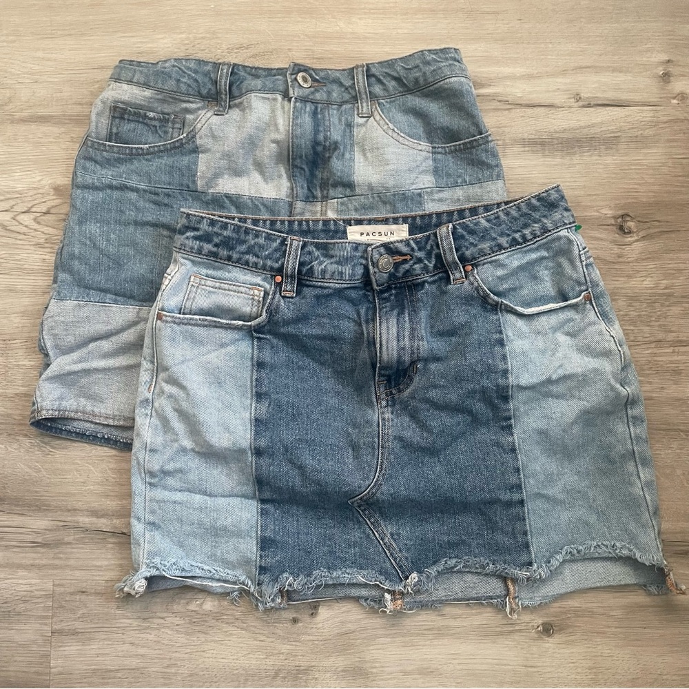 Two Patchwork Denim Mini Skirt